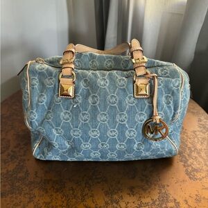 Michael Kors Blue and Tan Satchel with Gold Accents